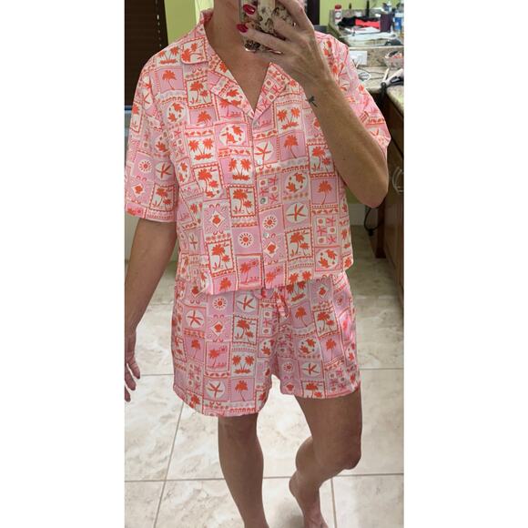Sigrid Olsen Sleepwear 2 piece short lounge set pink red tropical notch NWT - Picture 2 of 10